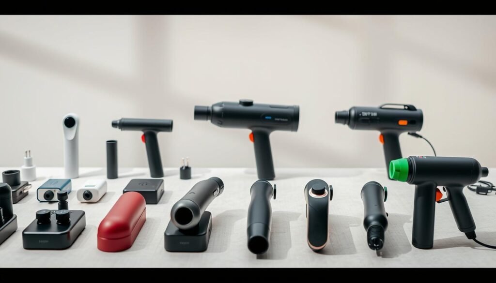 A collection of various massage gun charger options presented in a clean, minimalist style. The foreground features several charging devices of different shapes, colors, and connectivity options, arranged in an orderly grid-like display. The middle ground showcases the massage guns themselves, highlighting their ergonomic designs and varied features. The background is a softly blurred, neutral-toned surface, allowing the chargers and massage guns to take center stage. Bright, natural lighting from an overhead source casts subtle shadows, emphasizing the three-dimensional forms. The overall atmosphere is one of simplicity, functionality, and technological sophistication, suitable for showcasing the diverse "massage gun charger" options.