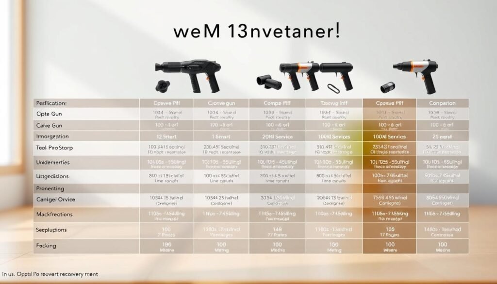 A comparison chart showcasing various recovery devices, including the Opove M3 Pro massage gun, presented in a clean, professional manner. The chart features detailed technical specifications, performance metrics, and visual depictions of each device set against a neutral, minimalist background with soft lighting and a depth of field effect. The layout is organized and visually appealing, allowing for easy side-by-side comparisons between the Opove M3 Pro and its competitors. The overall mood is one of informative clarity, guiding the viewer through the key features and capabilities of these recovery tools.