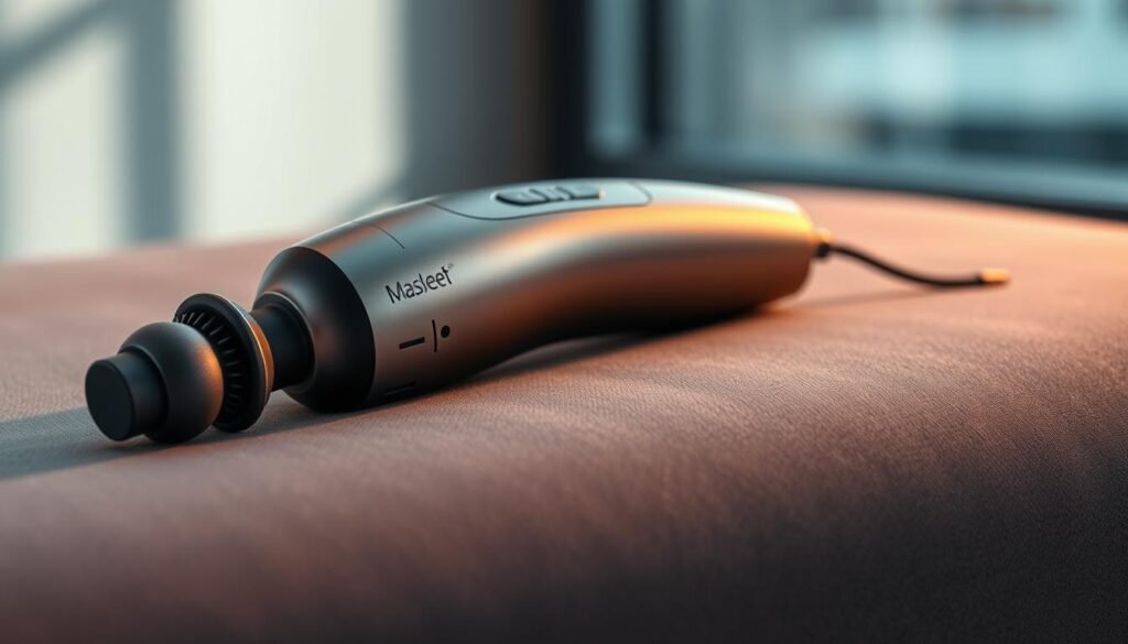A cordless muscle massager rests on a soft, grey surface, its sleek metallic body gleaming under the warm, directional lighting. The device's ergonomic handle and adjustable massage head are prominently displayed, conveying its practical design for targeted muscle relief. The background is blurred, keeping the focus on the massage tool's intricate details and functional purpose. The overall mood is one of professionalism and high-quality, reflecting the device's ability to effectively alleviate pain and tension.