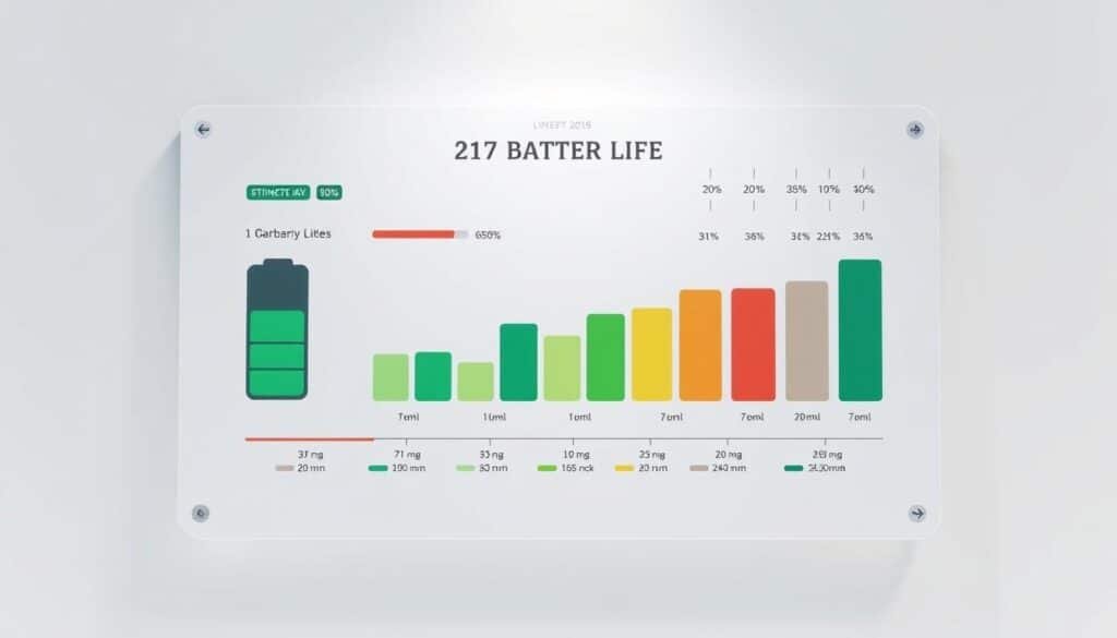 A detailed battery life analysis chart with a sleek, modern design. The chart is presented against a minimalist background, featuring a clean white or light gray surface. The foreground showcases the battery level indicators, with clear and intuitive visualizations such as percentage bars, time estimates, and color-coded segments to represent different intensity levels. The chart is illuminated by soft, directional lighting, creating depth and highlighting the various data points. The overall atmosphere is professional, informative, and visually appealing, suitable for an article on a high-quality massage gun product.