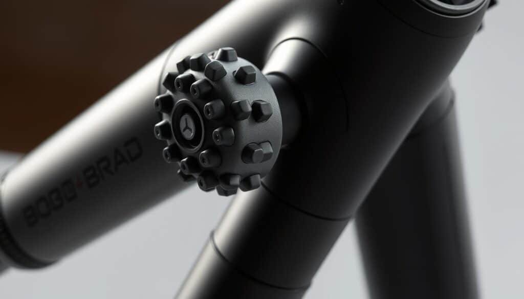 A detailed close-up shot of the Bob and Brad D6 Pro massage gun, capturing its sleek and modern industrial design. The gun's body is rendered in a matte black finish, with subtle branding and contoured grip for ergonomic handling. The massage head attachment is prominently featured, showcasing its advanced mechanism and array of interchangeable nodules. Soft, directional lighting highlights the gun's clean lines and textured surfaces, creating a sense of depth and materiality. The background is softly blurred, keeping the focus entirely on the D6 Pro's innovative design features and high-performance capabilities. A detailed close-up shot of the Bob and Brad D6 Pro massage gun, capturing its sleek and modern industrial design. The gun's body is rendered in a matte black finish, with subtle branding and contoured grip for ergonomic handling. The massage head attachment is prominently featured, showcasing its advanced mechanism and array of interchangeable nodules. Soft, directional lighting highlights the gun's clean lines and textured surfaces, creating a sense of depth and materiality. The background is softly blurred, keeping the focus entirely on the D6 Pro's innovative design features and high-performance capabilities.