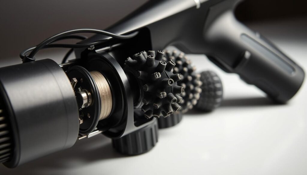 A detailed closeup view of the internal components of a handheld massage gun. In the foreground, the motor and eccentric weight mechanism that creates the vibrating massage action are visible, surrounded by a tangle of wires and internal housing. In the middle ground, the massage head attachments are shown, each with a distinct shape and texture. The background features the outer shell of the massage gun, with its ergonomic grip and sleek, modern design. The lighting is bright and directional, highlighting the intricate details and mechanical nature of the device. The overall mood is one of technical precision and functional design.