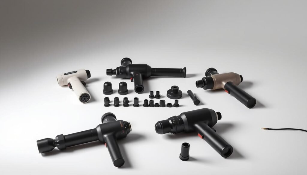 A detailed comparative analysis of three popular percussive massage guns, captured in a crisp, technical still life. The foreground features the devices laid out on a clean, neutral surface, their distinct shapes and textures highlighted by soft, directional lighting. The middle ground showcases the various attachments and accessories, arranged neatly to emphasize the versatility of each model. The background blends seamlessly, rendering a minimalist, studio-like ambiance that puts the focus squarely on the massage tools and their key features. The overall mood is one of clinical precision, allowing the viewer to objectively assess the subtle differences between the competing products.