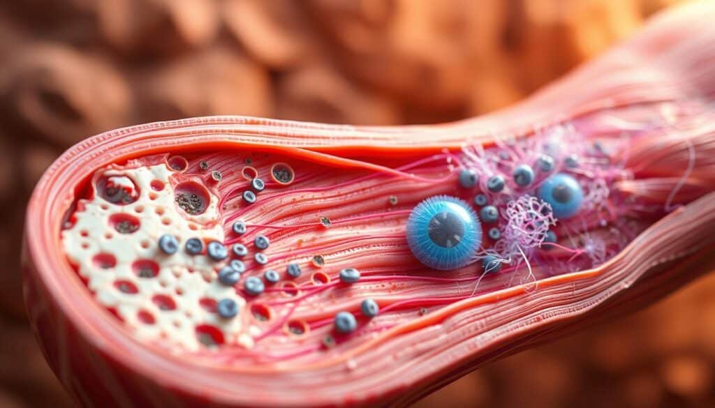 A detailed cross-section of the muscle recovery process, showcasing the various stages and mechanisms involved. In the foreground, a cutaway view reveals the internal structure of a muscle, with damaged fibers and inflammatory cells. The middle ground depicts the proliferation of satellite cells and the formation of new muscle tissue. In the background, a network of blood vessels and lymphatic channels facilitates the delivery of nutrients and the removal of waste. Diffuse, warm lighting illuminates the scene, conveying a sense of organic growth and rejuvenation. Captured with a macro lens, the image offers a scientific yet visually compelling representation of the muscle's remarkable ability to heal and rebuild.