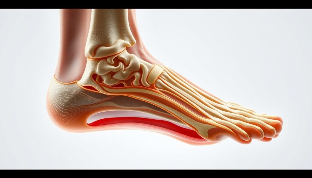 A detailed cross-sectional view of the human plantar fascia, showcased against a clean, anatomical backdrop. The fascia should be prominently displayed, its intricate structure and layers visible in high resolution. Render the image with soft, diffused lighting that emphasizes the delicate connective tissue. Capture the fascia from a slightly angled perspective, allowing for a clear understanding of its location and relationship to the surrounding foot anatomy. The overall mood should be informative and educational, conveying the complexity and importance of this structure in the context of plantar fasciitis.