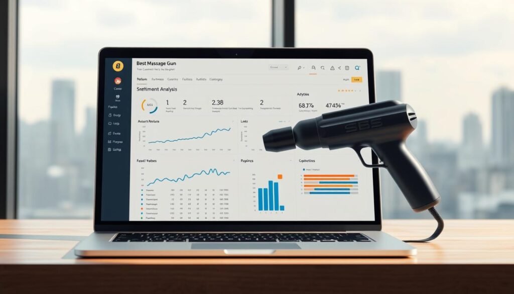A detailed customer review analysis for the best massage gun on Amazon, displayed on a sleek, minimalist laptop screen. The foreground shows a clean, well-organized analytics dashboard with charts, graphs, and sentiment analysis data. The middle ground features a 3D render of the massage gun, rotated at an angle to showcase its design. The background depicts a soft, blurred city skyline, conveying a sense of professionalism and authority. The lighting is balanced, with subtle shadows and highlights that add depth and dimension to the scene. The overall mood is one of informed decision-making, powered by comprehensive customer insights.