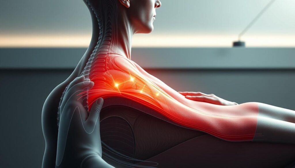 A detailed illustration of the benefits of deep tissue massage therapy. The foreground depicts a cross-section of the human body, showcasing the intricate layers of muscle, fascia, and connective tissue. The middle ground highlights the application of deep pressure and kneading motions, visually conveying the therapeutic effects on the underlying structures. The background features a serene, minimalist setting with soft lighting, emphasizing the calming and restorative nature of the treatment. The overall composition conveys the effectiveness of a massage gun in promoting improved blood circulation, reduced muscle tension, and enhanced mobility and flexibility.