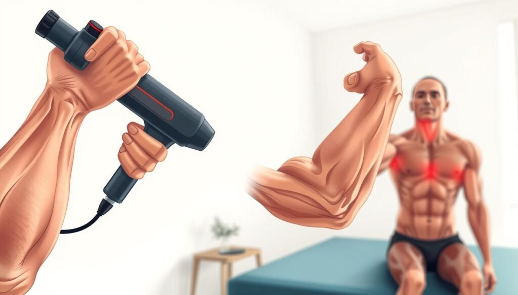A detailed illustration showcasing the pros and cons of muscle recovery. In the foreground, a muscular arm with veins, flexing to reveal toned musculature. In the middle ground, on the left, a massage gun gliding along the arm, signifying the benefits of percussion therapy. On the right, a figure experiencing muscle soreness and inflammation, conveying the cons. In the background, a softly lit, minimal setting with a calming, neutral color palette. Captured with a wide-angle lens, the composition emphasizes the contrast between the positive and negative aspects of muscle recovery, creating a balanced and visually striking image.