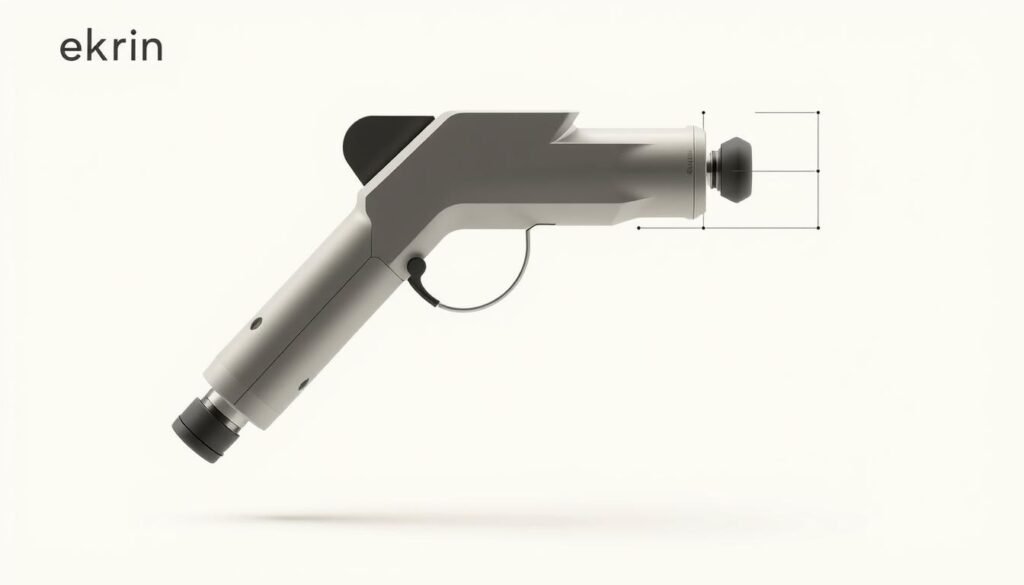 A detailed technical diagram of the Ekrin Kestrel massage gun, captured in a clean, minimal style. The device is rendered in a soft, muted palette, with precise dimensions and specifications displayed in a legible, technical font. The image is shot from a slightly elevated angle, showcasing the ergonomic grip and distinct angular design of the Kestrel. The background is a plain, off-white studio setting, allowing the product to take center stage. Subtle shadows and highlights accentuate the form and materiality of the device, conveying a sense of high-quality craftsmanship. The overall mood is one of informative clarity, catering to the technical interests of the reader. A detailed technical diagram of the Ekrin Kestrel massage gun, captured in a clean, minimal style. The device is rendered in a soft, muted palette, with precise dimensions and specifications displayed in a legible, technical font. The image is shot from a slightly elevated angle, showcasing the ergonomic grip and distinct angular design of the Kestrel. The background is a plain, off-white studio setting, allowing the product to take center stage. Subtle shadows and highlights accentuate the form and materiality of the device, conveying a sense of high-quality craftsmanship. The overall mood is one of informative clarity, catering to the technical interests of the reader.