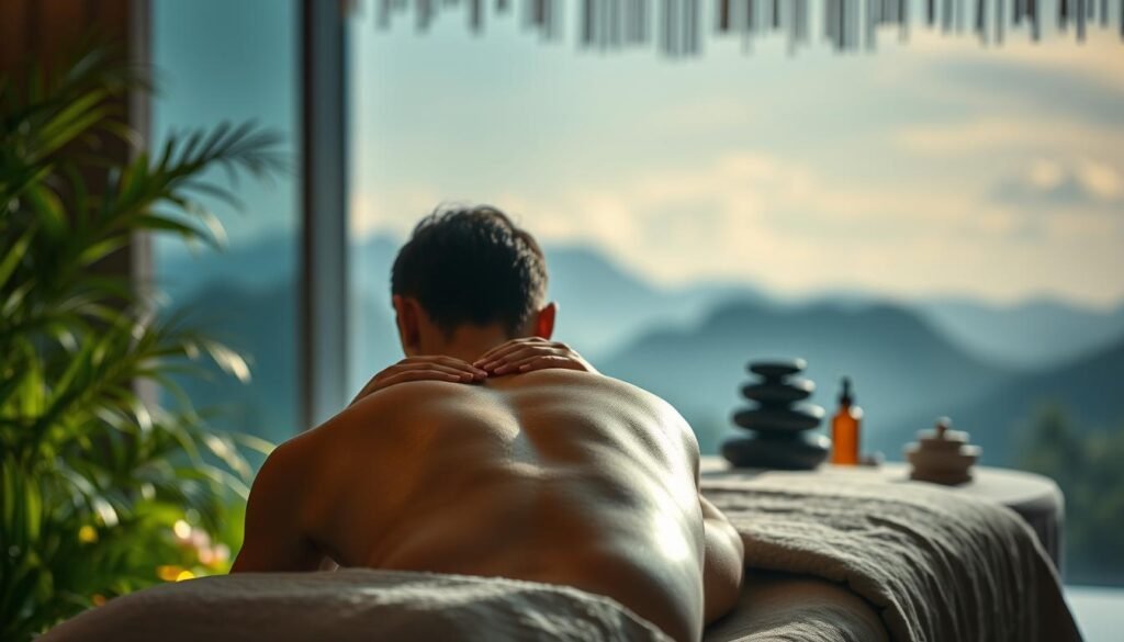 A dimly lit spa-like setting with lush greenery and soft lighting. In the foreground, a person's back is being massaged by skilled hands, the muscles relaxing under the therapist's touch. The middle ground features various massage tools and products, such as essential oils, massage stones, and a plush massage table. In the background, a serene landscape with mountains or a calming water feature creates a sense of tranquility. The overall mood is one of rejuvenation, relaxation, and the therapeutic benefits of massage.