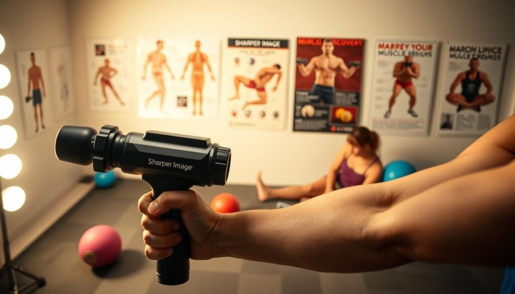 A dimly lit studio setting showcasing various muscle recovery techniques. In the foreground, a person is using a Sharper Image massage gun on their arm, the device's robust design and powerful massage heads clearly visible. In the middle ground, other individuals are depicted using foam rollers, lacrosse balls, and other self-myofascial release tools to target different muscle groups. The background features anatomical illustrations and informative posters about muscle recovery, creating an educational and informative atmosphere. Soft, warm lighting illuminates the scene, evoking a sense of comfort and relaxation. The overall composition conveys the idea of a comprehensive, expert-guided approach to using the Sharper Image massage gun for effective muscle recovery.