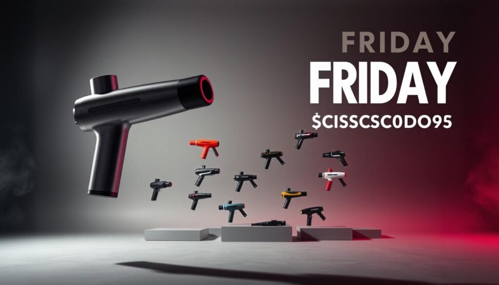 A dynamic scene of Black Friday percussive therapy discounts. In the foreground, a massage gun levitates, its metallic body gleaming under dramatic studio lighting, casting dynamic shadows. In the middle ground, an array of massage gun models float in a minimalist, futuristic arrangement, their vibrant colors and sleek designs emphasizing the deals and offers. The background is a moody, atmospheric gradient, hinting at the energy and excitement of the shopping season. The overall composition conveys a sense of urgency, innovation, and the thrill of finding the perfect massage gun at an unbeatable price.