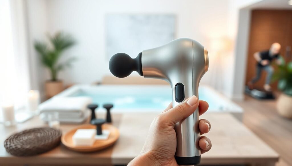 A hand-held percussion massager device held in the foreground, featuring a sleek and modern design with a metallic finish. The massager's massage heads are visible, showcasing the various attachments for targeting different muscle groups. The middle ground depicts a serene, spa-like setting with soft lighting, relaxing textures, and a calming, neutral color palette. In the background, a blurred view of a comfortable living room or home gym, hinting at the versatility of using the massager in different environments. The overall scene conveys a sense of tranquility, personal care, and the therapeutic benefits of using a handheld percussion massager.
