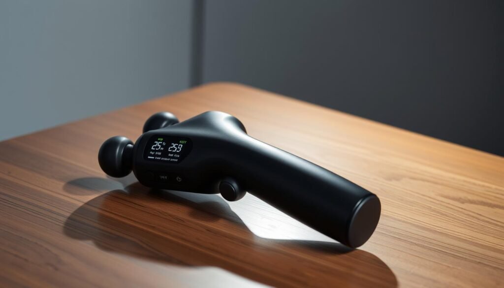 A handheld massage gun rests on a wooden table, its speed settings and battery level displayed on a digital screen. The gun's matte black body is highlighted by dramatic studio lighting, casting dramatic shadows that accentuate its sleek, modern design. In the foreground, the gun's various speed and intensity controls are clearly visible, allowing the viewer to evaluate the product's functionality. The background is blurred, keeping the focus on the massage gun and its key features. The overall scene conveys a sense of professionalism and attention to detail, perfectly complementing the article's focus on evaluating the product's performance characteristics.