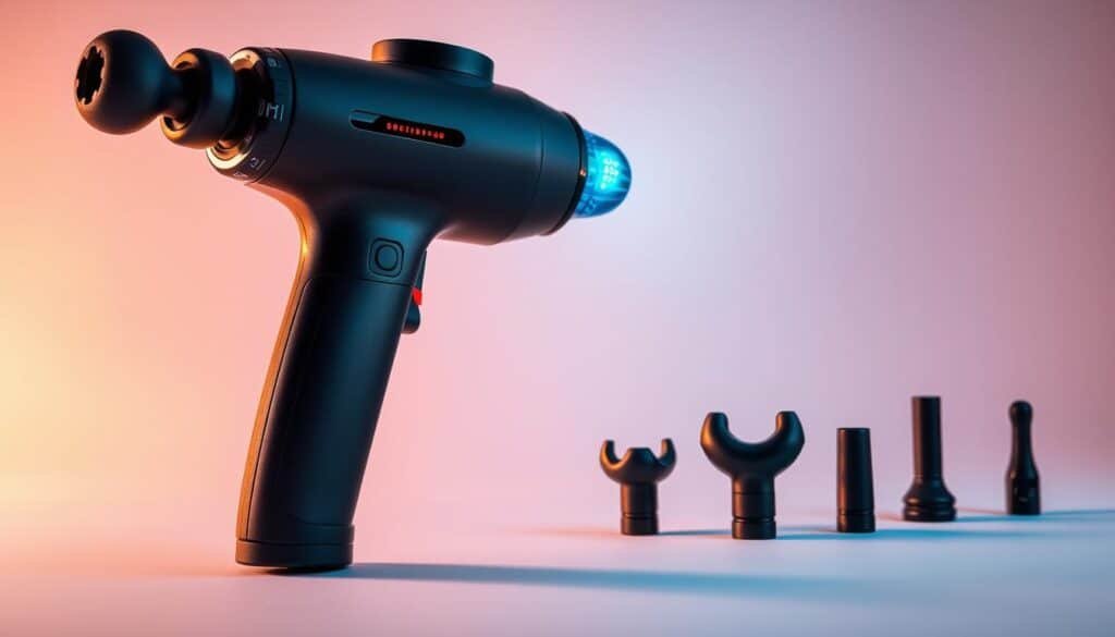 A high-quality, close-up view of a percussion massager, capturing its key features in exquisite detail. The device is positioned against a clean, minimalist background, allowing its design elements to take center stage. The image showcases the massager's ergonomic grip, various massage head attachments, and digital display, all illuminated by soft, directional lighting that highlights the product's sleek, modern aesthetic. The overall composition emphasizes the massage gun's functionality, power, and versatility, conveying a sense of professionalism and the ability to effectively relieve muscle tension and soreness.