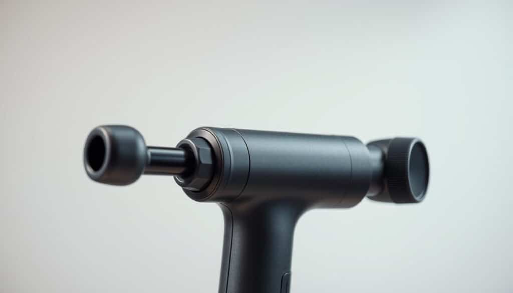 A high-quality, close-up view of a percussive therapy device, also known as a massage gun. The device is shown in a well-lit, clean, and clinical setting, showcasing its sleek, modern design with a matte black or metallic finish. The device's various attachments, such as different massage heads, are visible, highlighting its versatility. The image captures the device's power and effectiveness, conveying its ability to provide deep tissue massage and muscle recovery. The lighting emphasizes the device's contours and details, creating a sense of precision and functionality. The background is neutral, allowing the massage gun to be the central focus of the image.