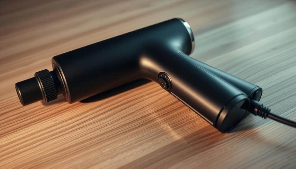 A high-quality massage gun resting on a smooth, wooden surface, its sleek, matte-black exterior glistening under soft, diffused lighting. The device's well-crafted body and sturdy, ergonomic grip convey a sense of premium build quality and attention to detail. The machine's intricate mechanisms are visible through its transparent housing, showcasing the precision engineering and robust internal components. The overall composition emphasizes the massage gun's durability, functionality, and the thoughtful design that prioritizes both form and function.