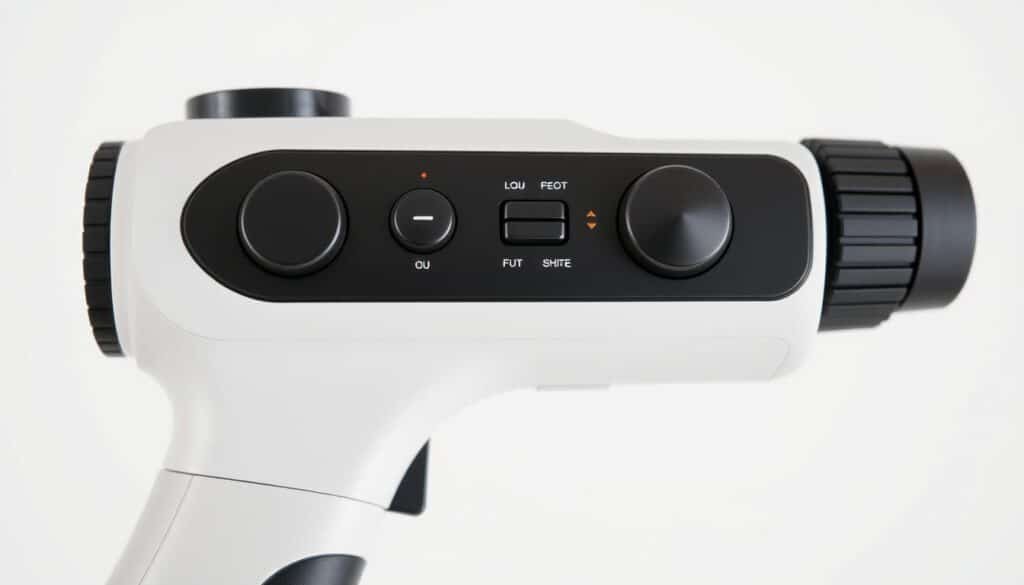 A high-resolution, detailed close-up view of the control panel of a TaoTronics massage gun, showcasing its various buttons, dials, and LED indicators. The controls are set against a clean, minimalist white background, with soft, even lighting that highlights the sleek, modern design of the device. The image should convey a sense of precision, functionality, and user-friendliness, reflecting the product's focus on providing a comprehensive massage experience.