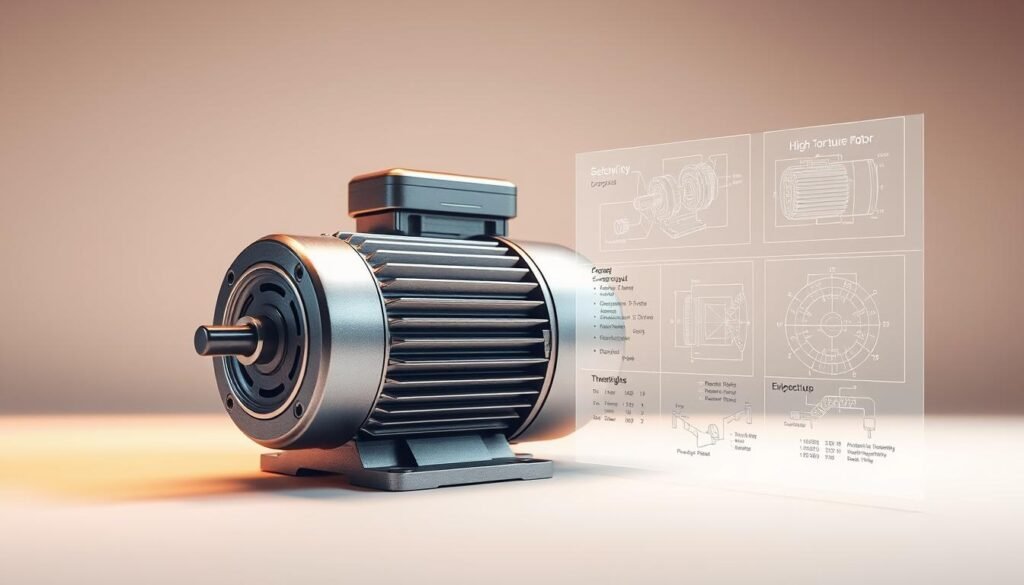 A high-torque motor, its sleek silver casing illuminated by warm studio lighting, rests atop a clean white surface. Intricate technical diagrams and specifications hover in the foreground, showcasing its powerful output, efficient design, and precise engineering. In the background, a minimalist backdrop emphasizes the motor's industrial elegance, highlighting its role as a crucial component in a range of specialized applications.
