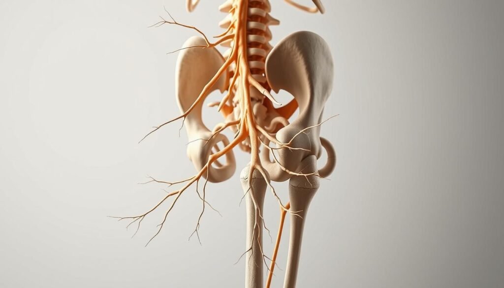 A highly detailed, anatomically accurate illustration of the sciatic nerve system. Prominently featured in the foreground is the sciatic nerve, its intricate branching structure and connections to the spinal cord and surrounding musculature. The middle ground showcases the pelvis and lower back region, with clear delineation of key bone structures and muscle groups. The background subtly fades into a neutral, muted color palette, allowing the anatomical details to take center stage. Soft, directional lighting casts gentle shadows, emphasizing the three-dimensional form of the nerves and tissues. The overall mood is clinical yet visually captivating, designed to enhance understanding of sciatica and its underlying physiological causes.
