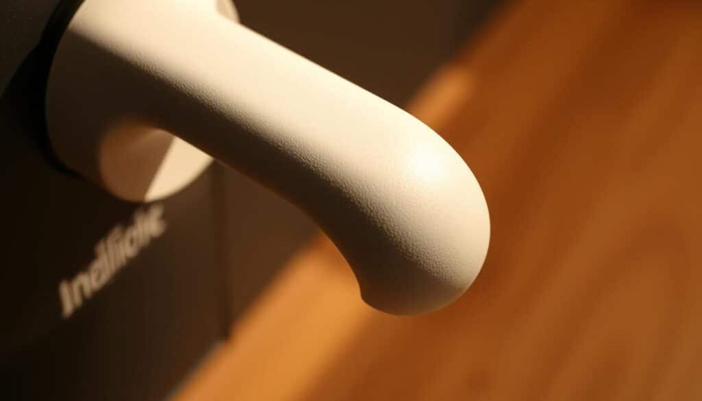 A highly detailed, close-up view of an ergonomic handle design, showcasing its contoured shape, textured grip, and thoughtful curvature. The handle is rendered in a warm, neutral color palette, casting subtle shadows that highlight its sculpted form. The lighting is soft and diffused, creating a sense of depth and dimension. The background is blurred, placing the focus entirely on the handle's thoughtful design and user-centric features. The overall mood is one of quality, functionality, and attention to detail.