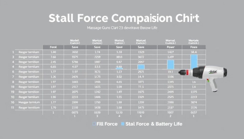 A highly detailed, technical infographic depicting a comprehensive "Stall Force Comparison Chart" for various massage gun models. The chart is presented against a clean, minimalist background, with a muted color palette of grays, whites, and subtle blues. The chart itself features precise, data-driven visualizations showcasing the stall force capabilities of each massage gun, allowing for easy comparison. The overall aesthetic is sleek, modern, and professional, perfectly suited to illustrate the "Power, Stall Force, and Battery Life" section of the article.