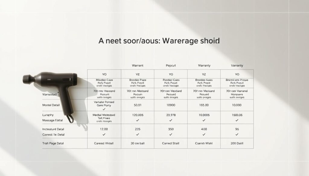 A meticulously crafted, high-resolution comparison chart showcasing the warranties of various massage gun models. The chart is presented against a clean, minimalist background with subtle grid lines, allowing the details to take center stage. The layout is balanced and visually appealing, with clear delineation between the product details and warranty information. Soft, natural lighting illuminates the chart, creating a sense of professionalism and authority. The overall impression is one of a well-researched, informative resource that can be easily integrated into the article's "Comparing Value" section.