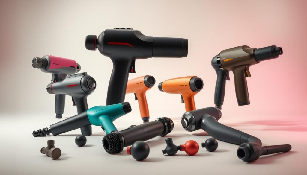 A meticulously crafted tableau of the top percussion massager models, showcased in a clean, well-lit studio setting. The foreground features a dynamic arrangement of the latest and most advanced massage gun designs, each with distinctive shapes, colors, and textures that invite closer inspection. The middle ground offers a sense of depth, with the models strategically positioned to highlight their ergonomic handles, powerful motors, and customizable attachments. The background maintains a neutral, minimalist aesthetic, allowing the massage guns to take center stage and their features to shine. Crisp, directional lighting accentuates the sleek lines and contours of each model, while a subtle, professional-grade camera angle captures the essence of these high-performance self-care tools.