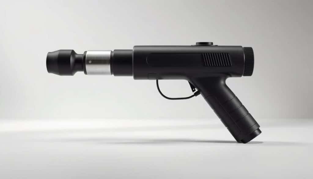 A minimalist, ergonomic massage gun design showcased against a clean, well-lit backdrop. The device's sleek, streamlined body features a soft-touch, rubberized grip for comfortable, long-lasting use. Subtle accents of metallic silver and matte black add a premium, high-quality aesthetic. The massage head is prominently displayed, highlighting its unique, tapered shape designed for targeted deep tissue relief. Soft, diffused lighting illuminates the product, emphasizing its form and texture. The camera captures the massage gun from a slight low angle, conveying a sense of power and professionalism. An overall mood of modern, functional elegance pervades the scene.
