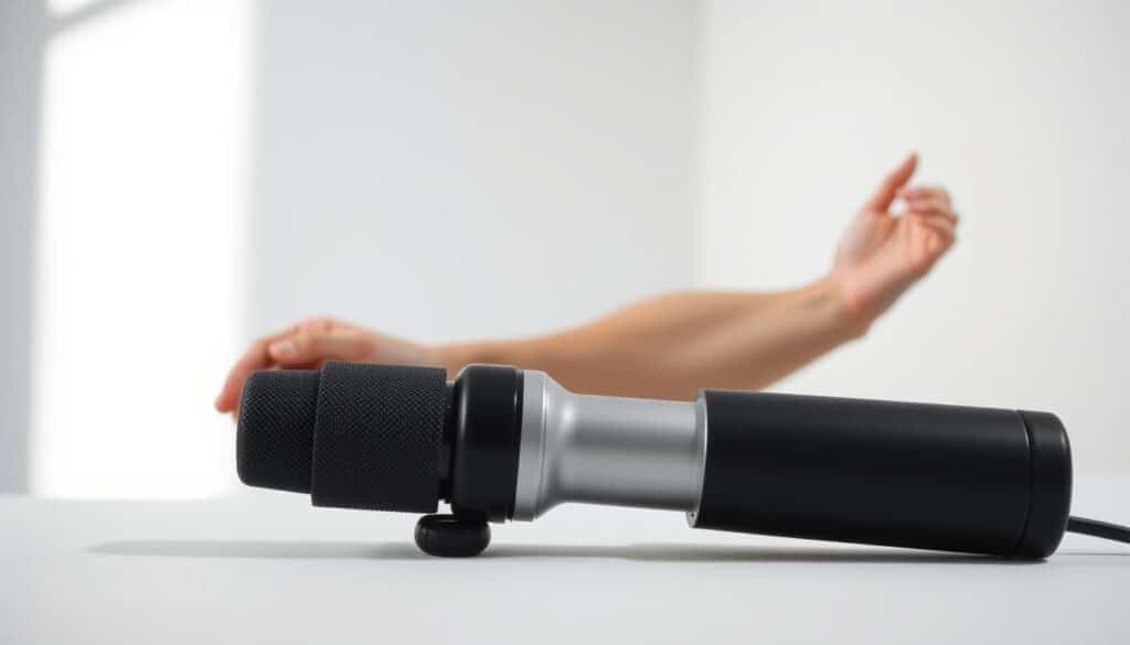 A minimalistic, well-lit studio scene showcasing the fundamentals of percussive therapy. In the foreground, a massage gun with a textured rubber grip rests on a clean, white surface. The middle ground features a muscular arm in a relaxed pose, ready to receive the therapeutic treatment. The background subtly fades into a neutral, gray tone, maintaining focus on the core elements. Soft, directional lighting accentuates the contours of the arm and the sleek design of the massage device, creating a sense of clinical yet soothing professionalism. The overall composition conveys a clear, informative, and visually appealing representation of the "Percussive Therapy Basics" concept.