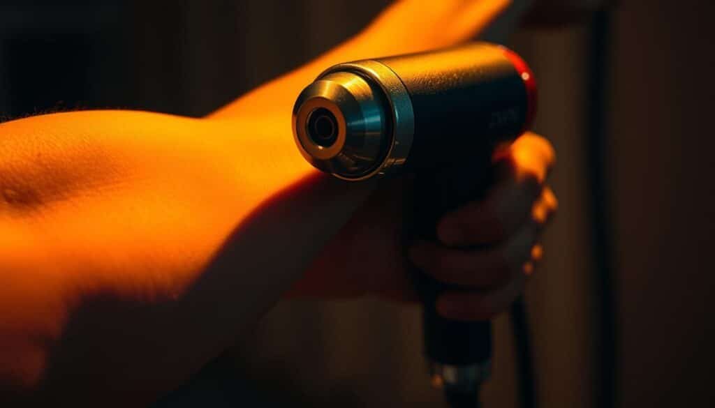 A muscular limb in close-up, with a massage gun firmly pressed against the skin, sending powerful vibrations deep into the underlying tissue. The applicator head is designed for targeted treatment, its metallic surface gleaming under warm, directional lighting. The scene conveys a sense of focused, therapeutic intensity, with a moody, dramatic atmosphere created by dramatic shadows and highlights. The background is blurred, keeping the viewer's attention on the precise, clinical application of the massage device.