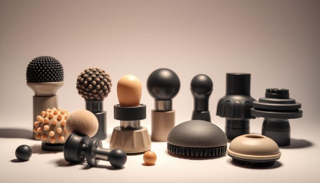 A neatly arranged display of various massage attachments, including spherical, flat, and contoured heads, in a well-lit, professional studio setting. The attachments are showcased against a clean, minimalist background, allowing the unique shapes and textures to be the focal point. Soft, directional lighting casts subtle shadows, accentuating the contours and details of each attachment. The overall composition conveys a sense of innovation, quality, and the versatility of the massage tool.
