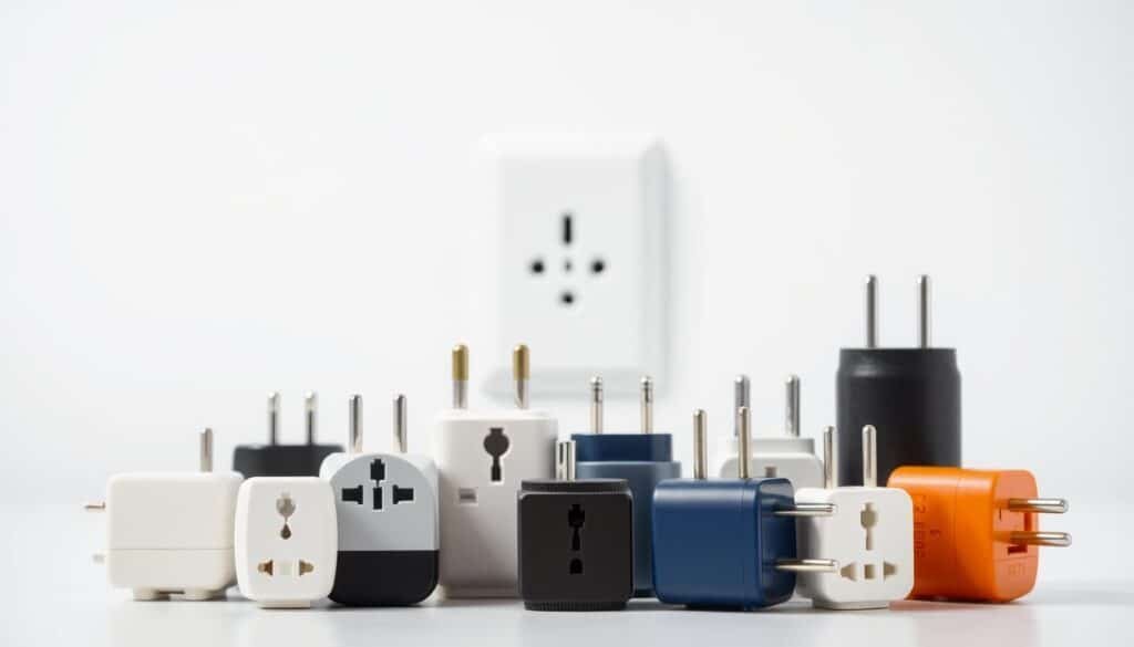 A neatly arranged group of travel plug adapters in the foreground, showcasing a variety of models and designs. The adapters are presented against a clean, minimalist background, with soft, even lighting highlighting their textures and colors. The midground features a subtle, blurred representation of a power outlet, suggesting the adapters' intended use. The background maintains a sense of depth and simplicity, allowing the adapters to be the focal point. The overall composition conveys a sense of organization, functionality, and attention to detail, perfectly suited to illustrate a section on using and maintaining a charger for optimal performance.
