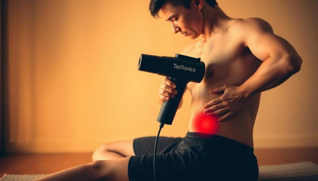 A person performing a self-massage routine on their lower back and legs, utilizing a TaoTronics massage gun. The subject is shown in a warm, diffused lighting, with a serene, meditative atmosphere. The background is blurred, emphasizing the focus on the massage process. The individual's posture and facial expression convey a sense of relief and gradual muscle recovery over time. The image captures the practical benefits of using the massage gun for long-term muscle relief and recovery.