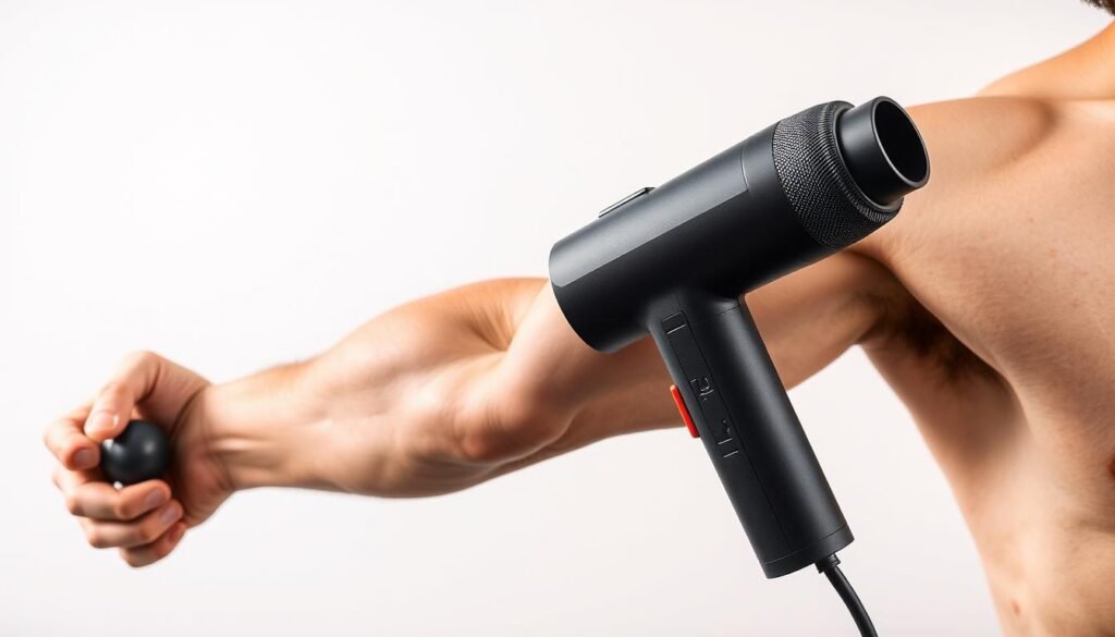 A person using a massage gun on their arm, highlighting the targeted muscle groups. The foreground shows the massage gun firmly pressed against the arm, with the device's textured head making clear contact with the skin. The middle ground reveals the arm's musculature, with the targeted areas clearly visible and defined. The background is a clean, neutral space, allowing the focus to remain on the massage action and the targeted muscle groups. The lighting is soft and even, casting gentle shadows that accentuate the contours of the arm. The overall mood is one of deliberate, therapeutic application, conveying the effectiveness of the massage gun in addressing specific muscle needs.