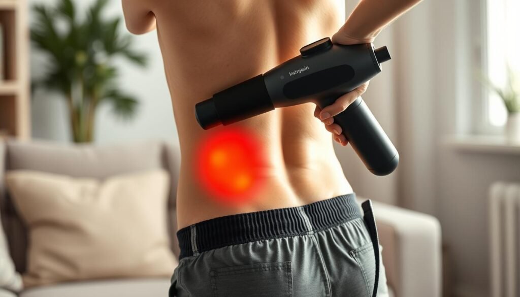 A person using a massage gun on their lower back to relieve sciatic nerve pain. The scene is well-lit with soft, diffused natural lighting, as if captured in the afternoon through a window. The subject is positioned in a comfortable, relaxed stance, with the massage gun gently pressing into the muscle along the spine. The focus is on the massage technique, showcasing the effective application of the massage gun for sciatica relief. The background is blurred, keeping the attention on the central action.