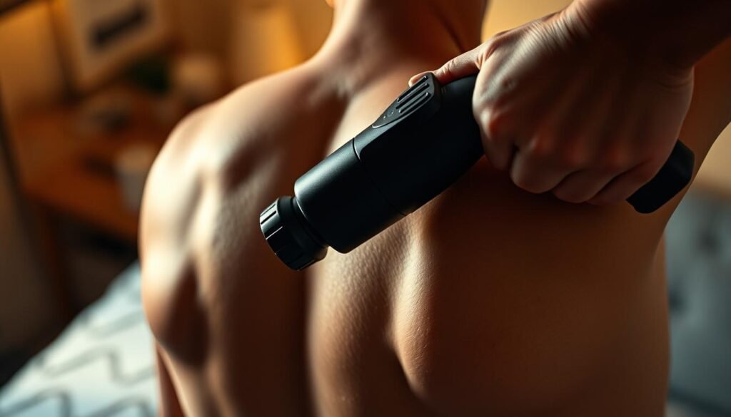 A person using a percussive massage gun on their back, with a close-up view showcasing the device's applicator head pressing firmly into the muscle tissue. The subject is situated in a dimly lit, cozy home environment, with soft lighting casting warm tones and creating dramatic shadows. The angle emphasizes the therapeutic action, conveying the sensation of deep, targeted tissue release. The prompt should capture the step-by-step, hands-on nature of this massage technique in a visually compelling way.