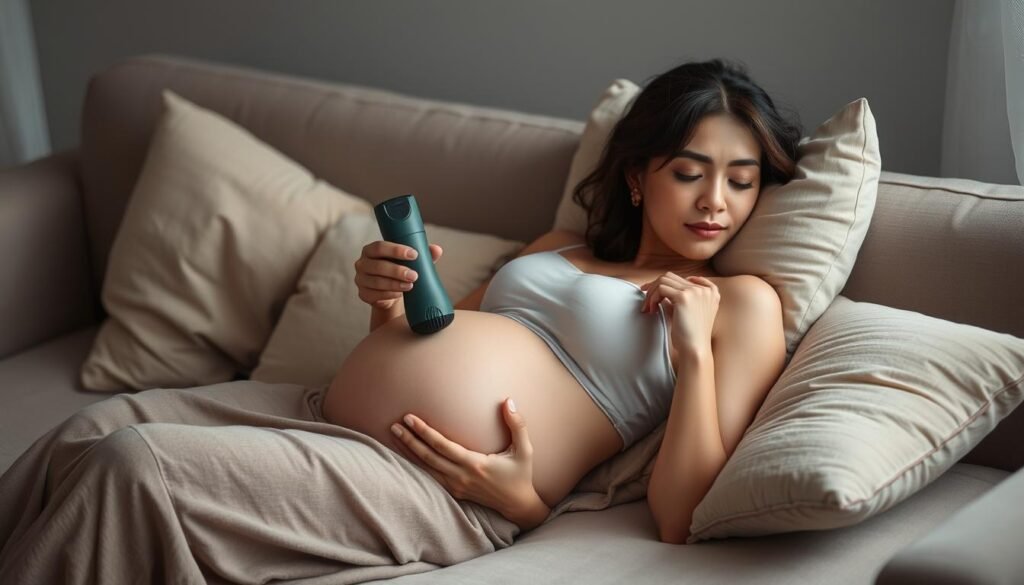 A pregnant woman reclines comfortably on a plush couch, her body supported by strategically placed pillows. Soft, diffused lighting creates a tranquil ambiance, as she gently massages her lower back with a handheld massage gun. The scene is captured from a slightly elevated angle, allowing the viewer to observe the woman's serene expression and the subtle contours of her belly. The background is softly blurred, keeping the focus on the woman's soothing self-care routine.