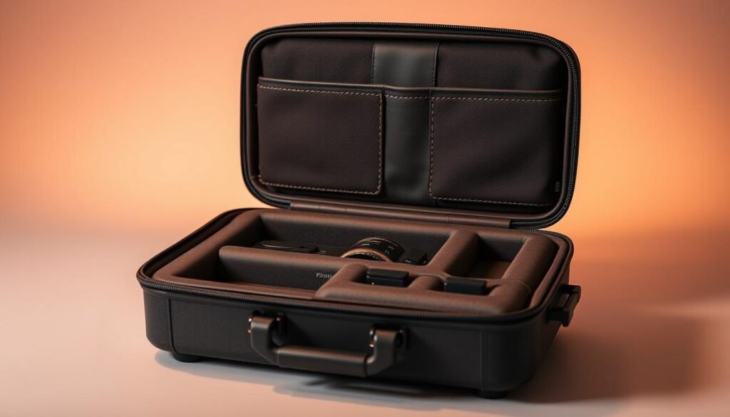 A premium carrying case made of high-quality, durable materials, featuring a sleek and minimalist design. The case is crafted with a smooth, soft-touch exterior, complemented by precise stitching and sturdy hardware. The interior is lined with a plush, shock-absorbing material to protect the contents, with strategically placed compartments and dividers for organized storage. Subtle branding and accents add a touch of sophistication, conveying a sense of premium quality and attention to detail. Illuminated by warm, diffused lighting, the case is presented in a clean, well-composed arrangement, showcasing its elegant and functional features.