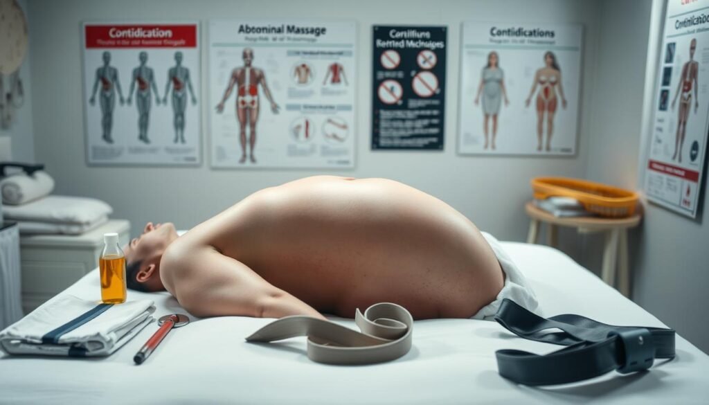 A serene, clinical scene showcasing the key precautions for abdominal massage therapy. In the foreground, a person's torso lies on a massage table, their abdomen exposed. Surrounding them, medical instruments and accessories such as heating pads, massage oils, and safety belts are neatly arranged. The lighting is soft and diffused, creating a calming atmosphere. In the background, anatomical diagrams and educational posters provide visual guidance on the proper techniques and contraindications. The overall composition emphasizes the importance of a well-informed, professional approach to abdominal massage, prioritizing the client's safety and comfort.