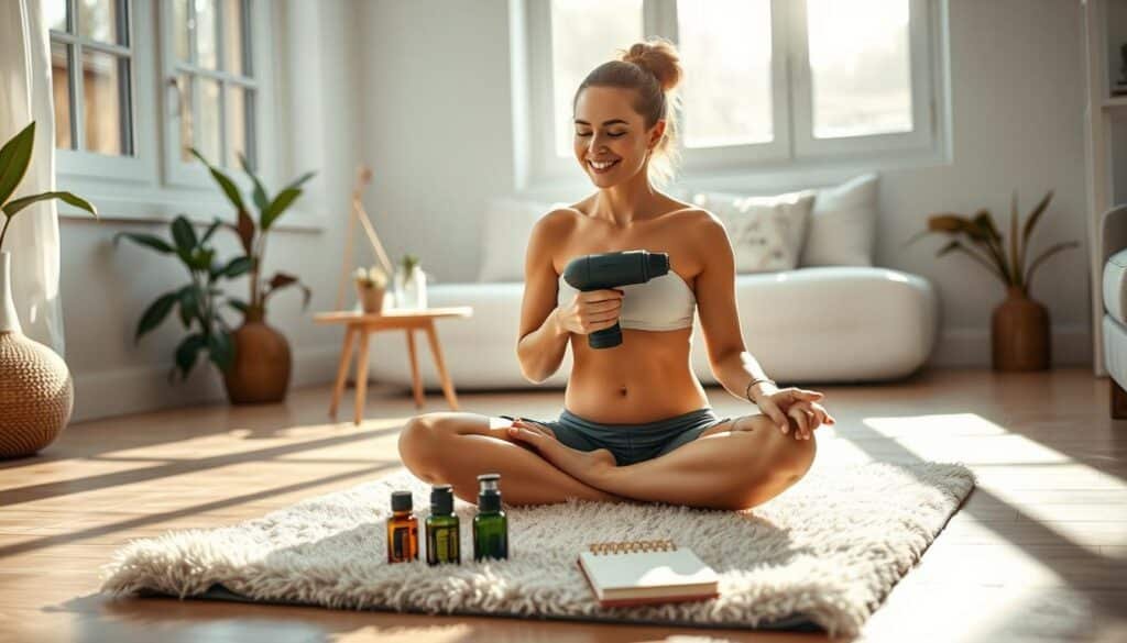 A serene home setting, with natural lighting filtering through large windows. In the foreground, a person sitting cross-legged on a plush yoga mat, using a massage gun on their abdomen, their face reflecting a sense of relaxation and well-being. In the middle ground, a small table holds a selection of wellness items, such as essential oils, a water bottle, and a wellness journal. The background showcases a clean, minimalist decor, creating a calming and rejuvenating atmosphere, conducive to daily self-care rituals.