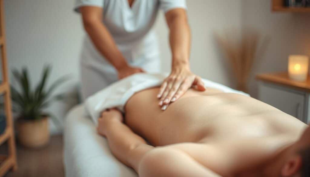 A serene, well-lit scene showcasing an abdominal massage technique. In the foreground, the hands of a professional massage therapist gently kneading and manipulating the stomach area of a relaxed patient lying on a massage table. The mid-ground captures the calming atmosphere of the massage studio, with soft lighting and soothing colors. The background blurs out, focusing the viewer's attention on the skilled technique being demonstrated. The overall mood is one of relaxation, comfort, and therapeutic care.