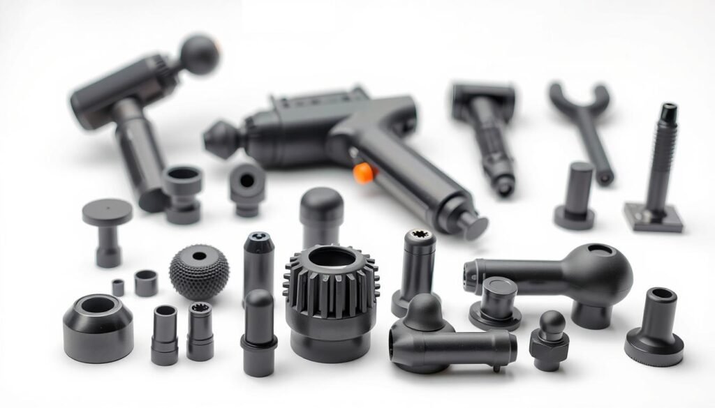 A set of various massage gun attachments neatly arranged on a plain white background, capturing the unboxing experience. The attachments are showcased with crisp, high-resolution photography, highlighting their diverse shapes, sizes, and textures. Soft, even lighting illuminates the scene, creating a clean, professional look. The attachments are placed in the foreground, with a slight perspective to create depth. The background is simple and uncluttered, allowing the massage tools to be the focal point. An air of practicality and functionality pervades the image, reflecting the utilitarian nature of the massage gun accessories.