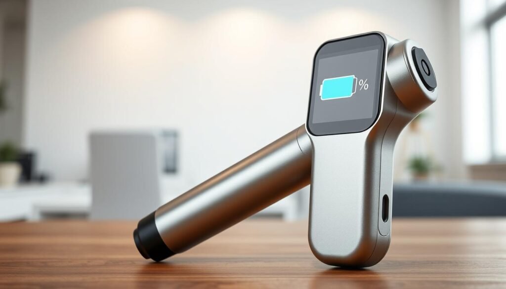 A sleek and modern handheld device, its metallic body gleaming under a soft, diffused light. The display shows a battery icon with a prominent percentage, conveying the device's remaining charge. In the foreground, the device is positioned at a slight angle, allowing the viewer to appreciate its slim, portable design. The background features a minimalist, clean environment, perhaps an office or a modern living space, emphasizing the device's seamless integration into everyday life. The overall tone is one of efficiency, reliability, and a sense of versatility, capturing the essence of "battery life and portability" for the massage gun review article.