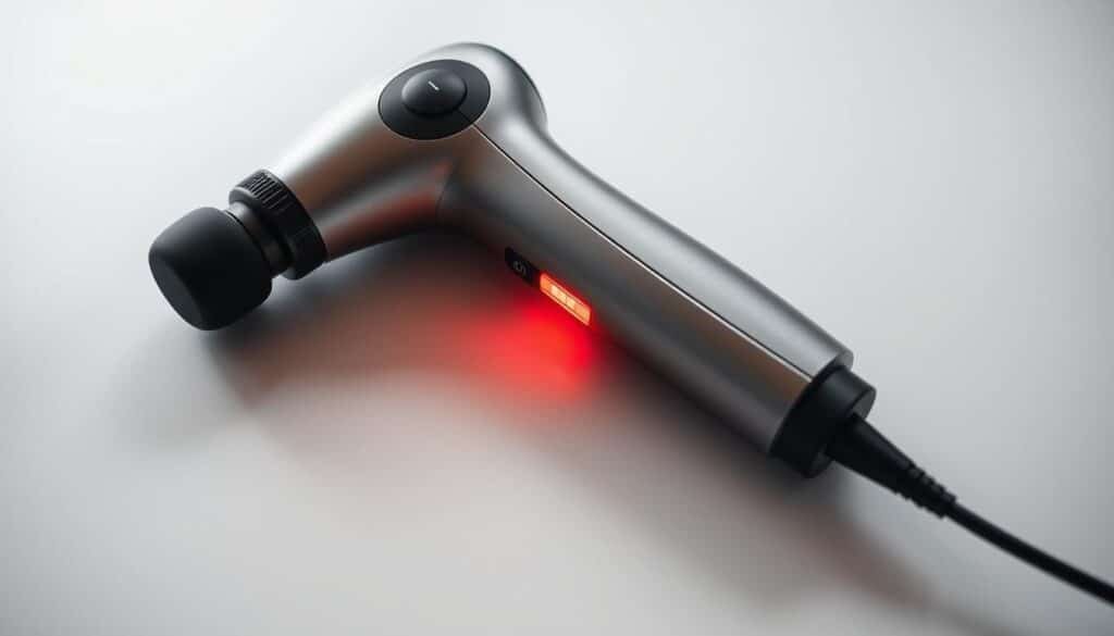A sleek and modern massage gun rests on a minimalist white surface, its battery indicator glowing softly. The gun's ergonomic design and various speed settings are clearly visible, inviting the viewer to imagine its powerful yet soothing massage capabilities. Soft, indirect lighting casts subtle shadows, highlighting the gun's metallic accents and creating a calming, professional atmosphere. The frame is composed to draw the eye towards the battery life display, emphasizing its importance in the buyer's decision-making process. The overall mood is one of sophisticated simplicity, reflecting the practical and efficient nature of the massage gun.