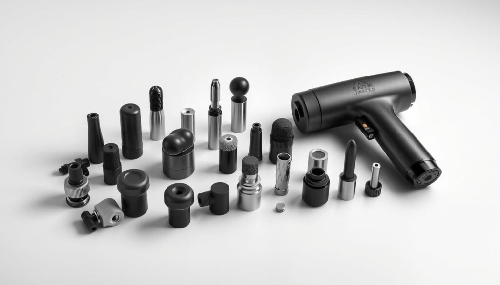 A sleek assortment of massage gun attachments arranged on a minimalist, monochrome background. The attachments, crafted from high-quality materials, are positioned in an organized, visually appealing layout. Soft, directional lighting illuminates the diverse shapes and textures, highlighting the precision engineering and attention to detail. The overall scene conveys a sense of professionalism, functionality, and the versatility of the massage gun accessories. The image showcases the thoughtful design and practical utility of the attachments, reflecting the "Accessory Review: Attachments Breakdown" section of the article.