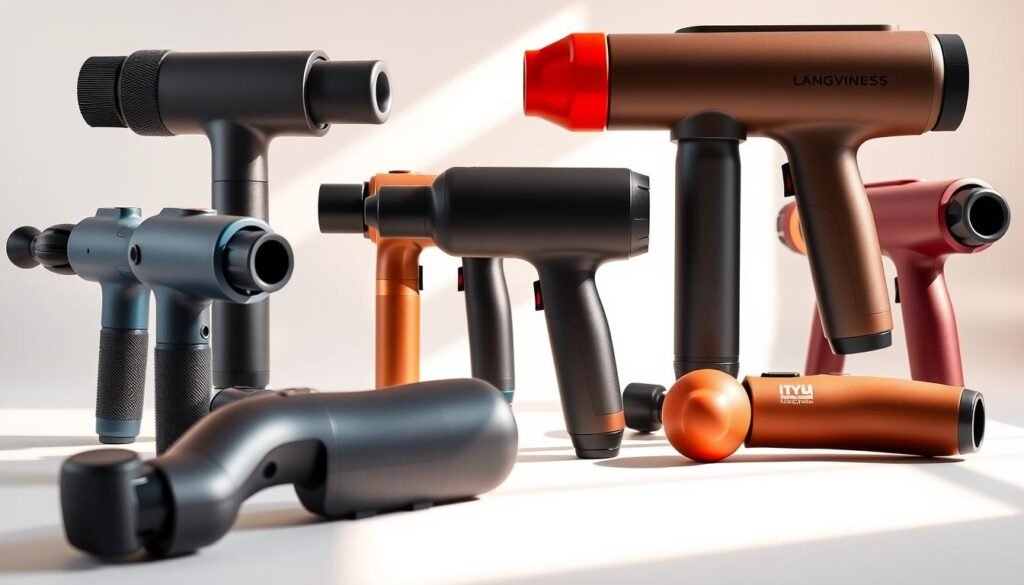 A sleek assortment of top-rated massage guns displayed against a minimalist, light-filled backdrop. The foreground features several massage gun models in various colors, each with distinct textures and ergonomic designs. The middle ground showcases the guns' powerful yet compact bodies, highlighting their advanced features and muscle-soothing capabilities. The background maintains a clean, studio-like ambiance, allowing the massage tools to take center stage and showcase their premium quality. Warm, natural lighting accentuates the smooth surfaces and contours of the devices, creating an inviting and aspirational scene that captures the essence of high-performance muscle recovery.