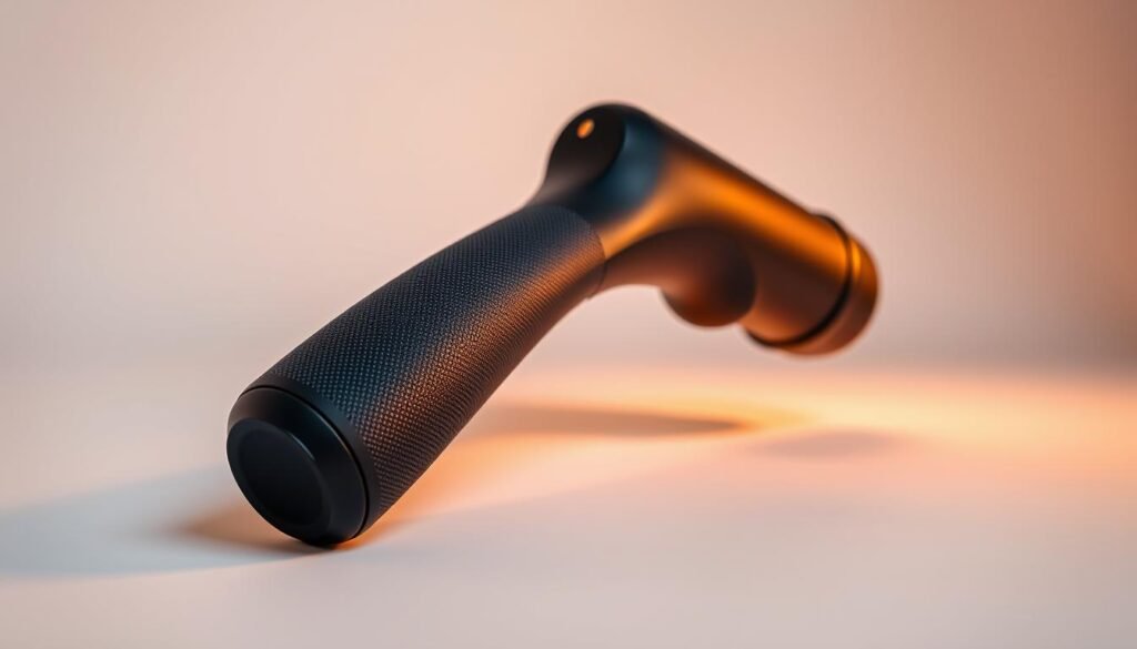 A sleek, ergonomic massage gun handle made of high-quality, textured black silicone. The handle features a gentle curve that fits comfortably in the palm, with a non-slip grip for easy maneuvering. Viewed from a slight angle, the handle is illuminated by warm, directional lighting, casting gentle shadows that accentuate its contoured design. The background is a clean, minimalist studio setting, allowing the massage gun handle to be the focal point. The overall scene conveys a sense of sophistication, functionality, and attention to user experience.