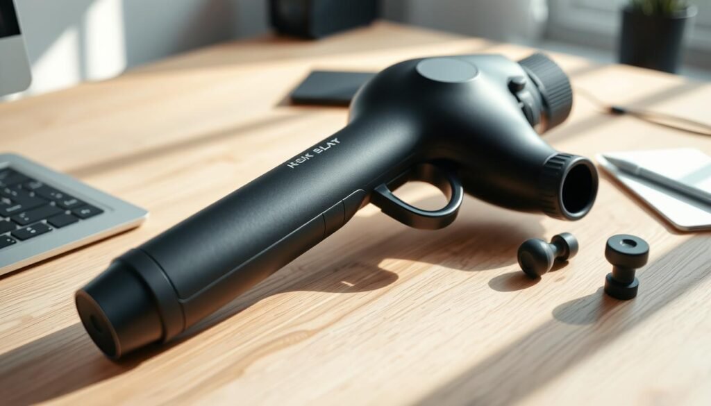 A sleek, ergonomic massage gun resting on a minimalist wooden desk, bathed in soft, natural lighting. The device's compact, streamlined design is complemented by its matte black finish, effortlessly blending into the workspace. Strategically positioned to showcase its intuitive controls and various massage head attachments, allowing the user to easily select the appropriate setting for their recovery needs. The background features a clean, clutter-free environment, emphasizing the device's portability and versatility within a comfortable, modern home office setting.
