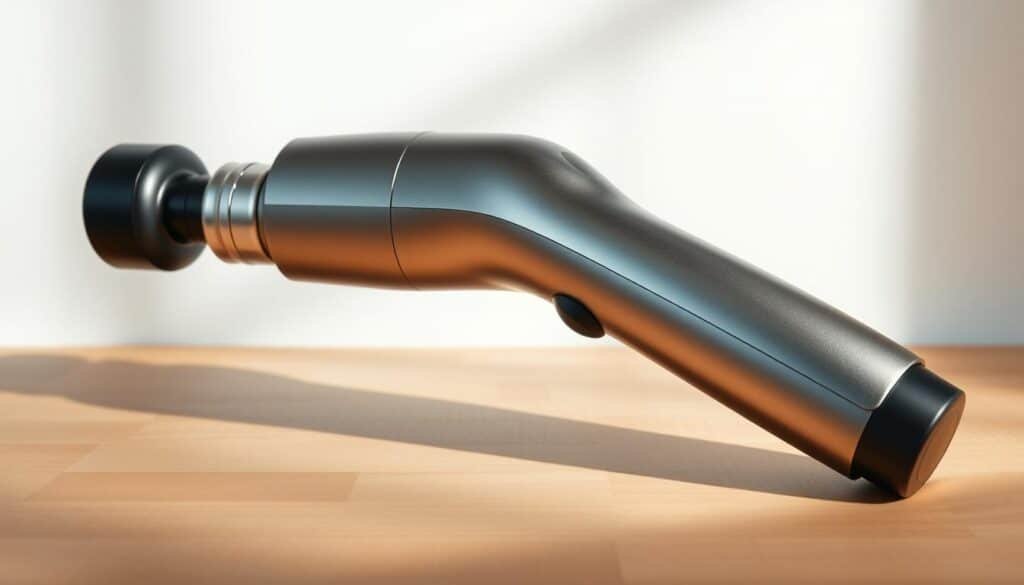 A sleek, ergonomic percussion muscle massage gun, its metallic body gleaming under soft, diffused lighting. The device rests on a minimalist, wooden surface, surrounded by a clean, uncluttered backdrop. The massage head protrudes, ready to deliver deep, penetrating vibrations, conveying the gun's power and versatility. Subtle shadows cast by the massage head and the device's contours add depth and dimension. The overall scene exudes a sense of premium quality, highlighting the TOLOCO Upgrade Percussion Muscle Massage Gun's ability to rejuvenate the body with its adjustable speed levels.